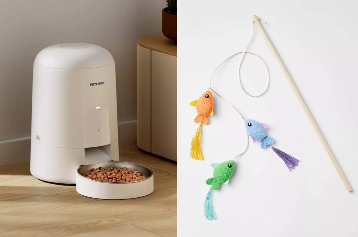 Automatic pet feeder with kibble and a playful fish-themed cat toy wand, ideal for pet care and entertainment