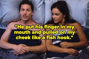 A couple lies in bed, looking surprised. Text: "He put his finger in my mouth and pulled on my cheek like a fish hook"