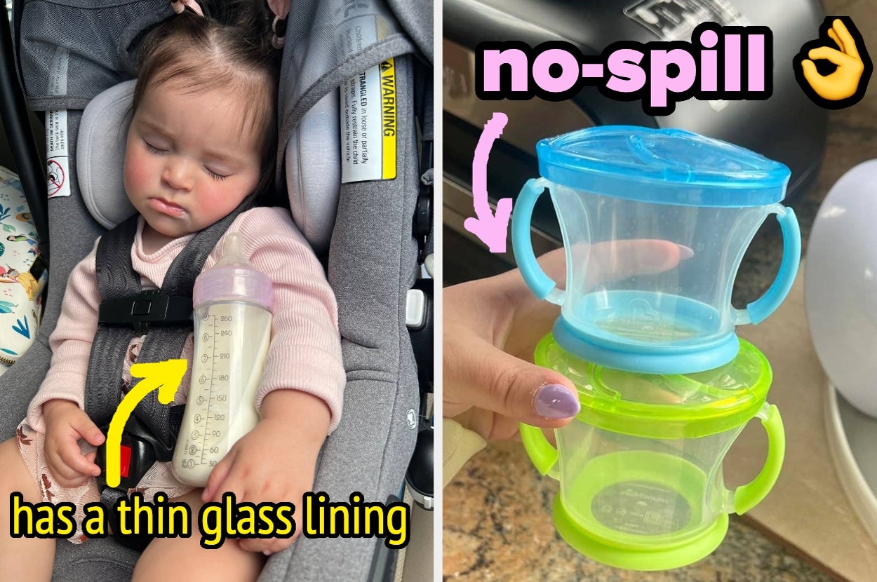 Baby sleeping in a car seat holding a bottle; product shown is a stackable, no-spill cup with handles