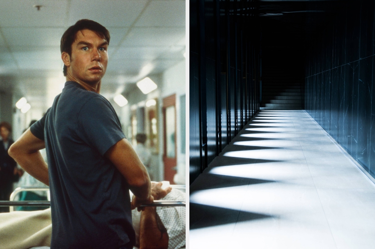 A person looks back while standing in a hospital hallway next to an empty corridor