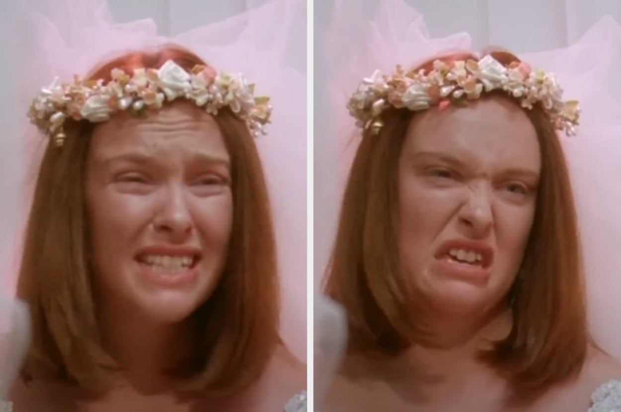 A person in a bridal outfit with a floral crown displays contrasting expressions: one anxious, another displeased