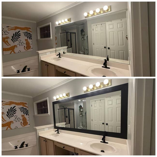 Bathroom translation with updated reflector frame, modern fixtures, and partition creation featuring leopards