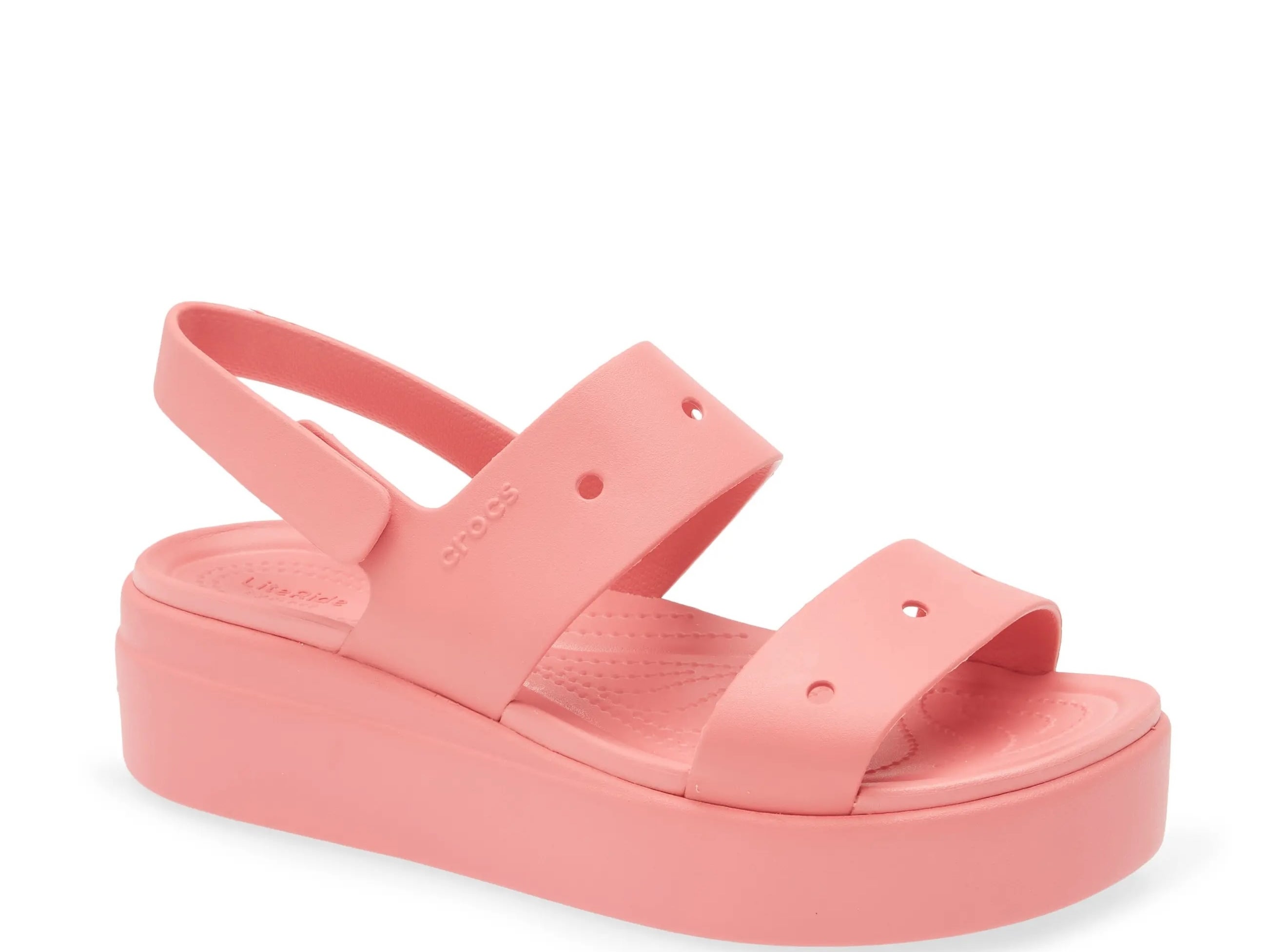 Pink platform sandal with two straps and a slingback design, ideal for casual or summer wear