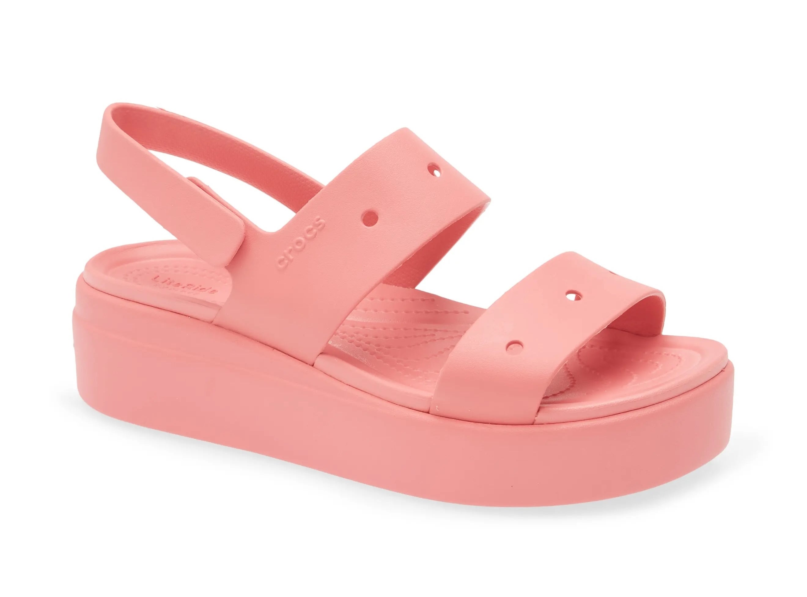 Pink platform sandal with two straps and a slingback design, ideal for casual or summer wear