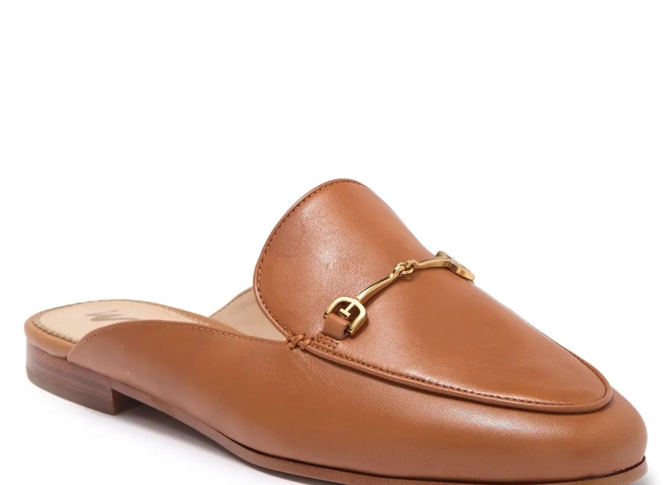 Tan leather mule with gold chain detail on the upper, featuring a flat heel