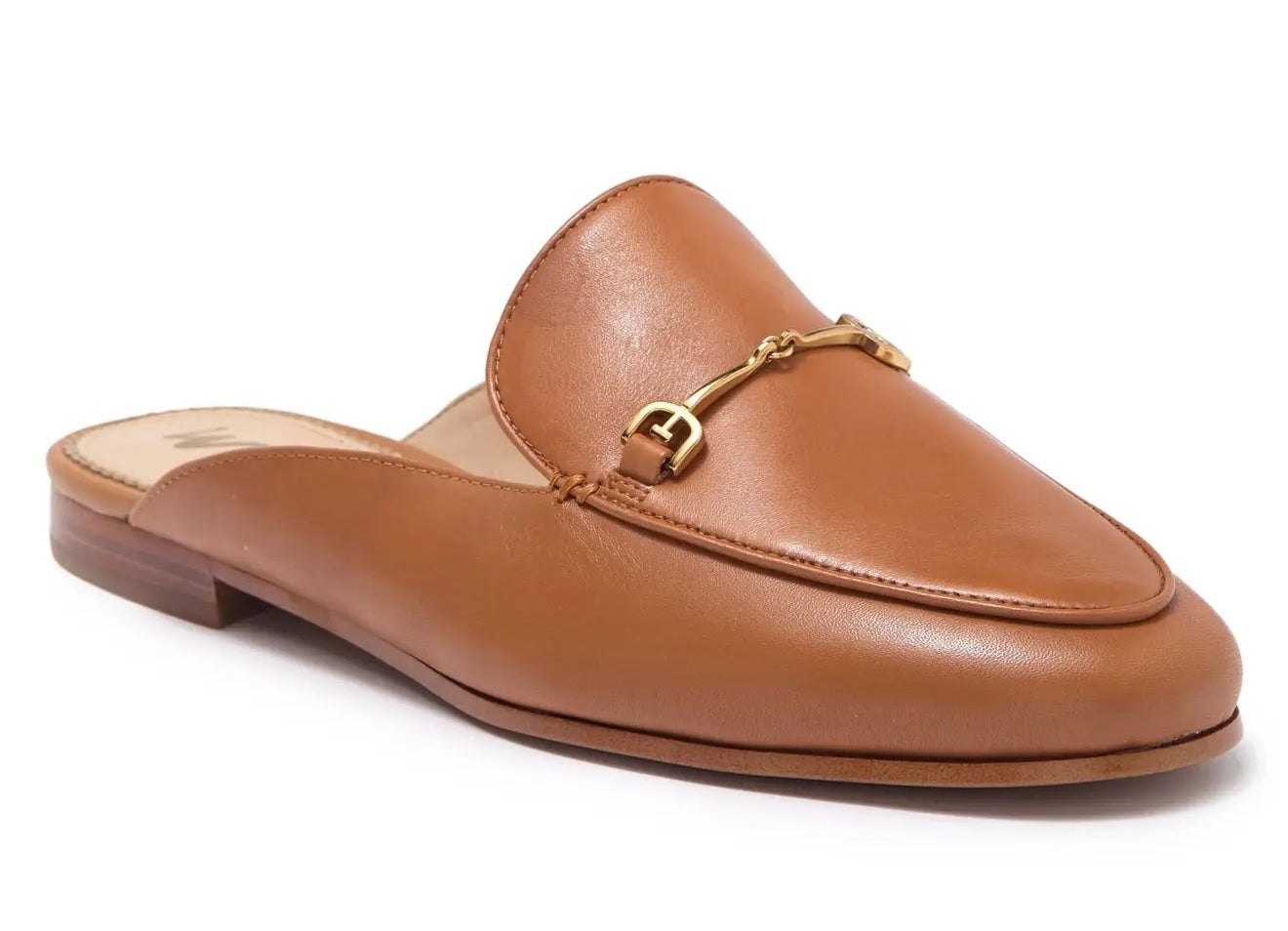 Tan leather mule with gold chain detail on the upper, featuring a flat heel