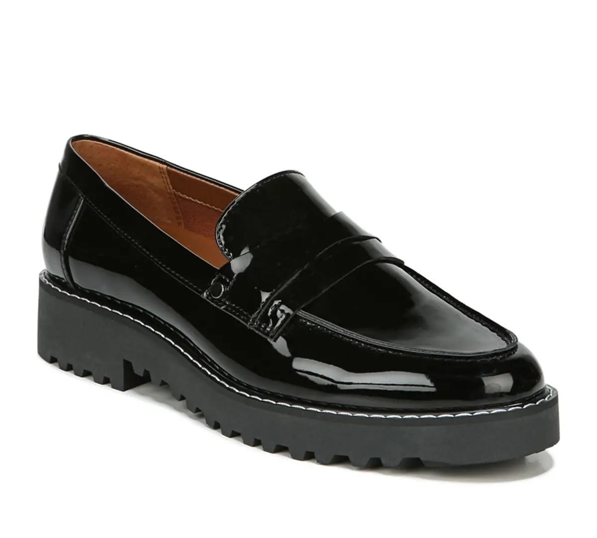 Shiny black loafer with a chunky ridged sole, suitable for casual or formal wear