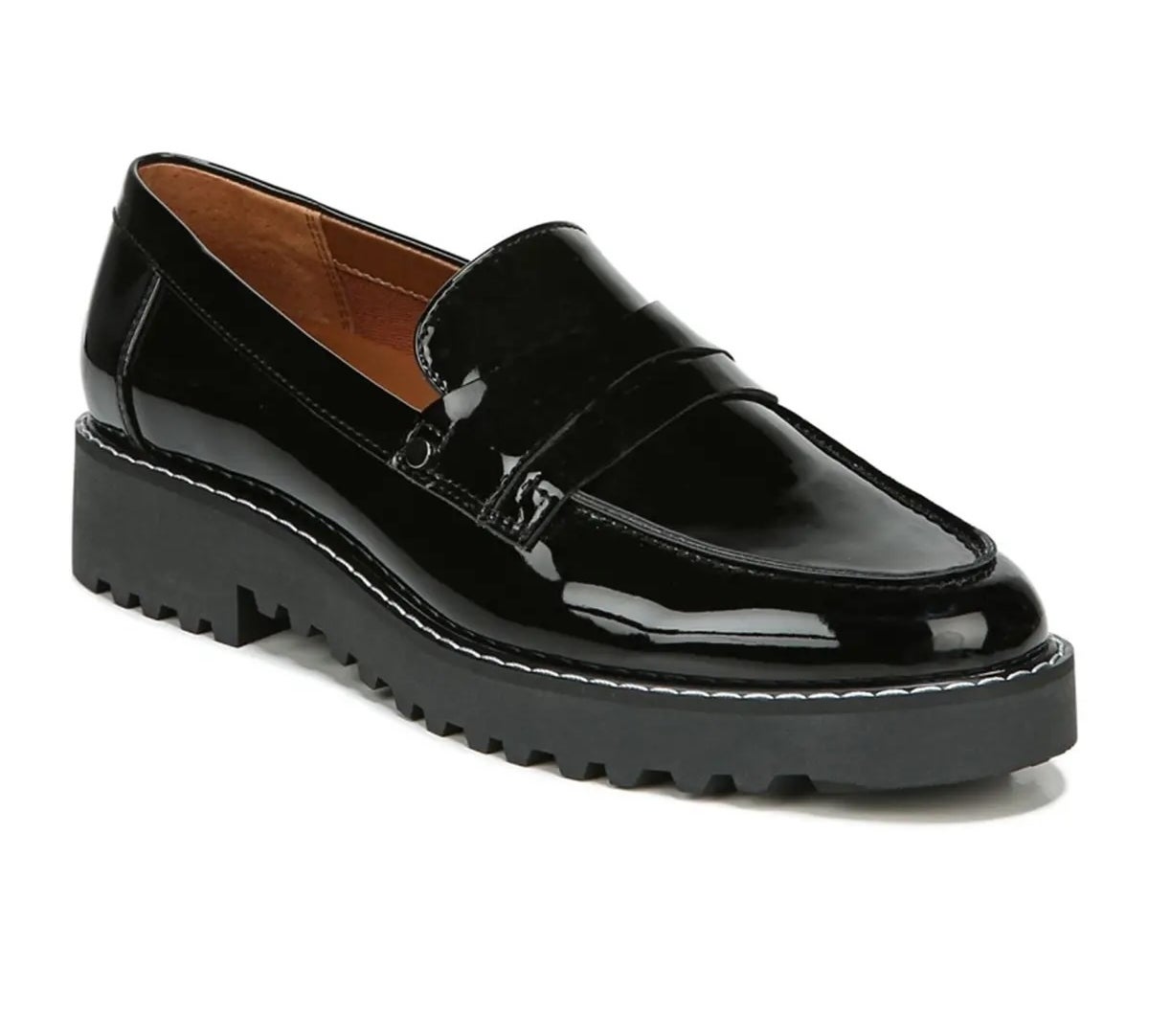 Shiny black loafer with a chunky ridged sole, suitable for casual or formal wear