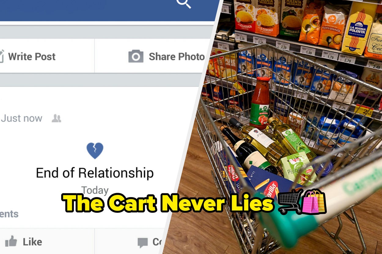 Facebook status reads "End of Relationship" alongside a cart filled with wine, chocolate, and snacks. Text: "The Cart Never Lies."