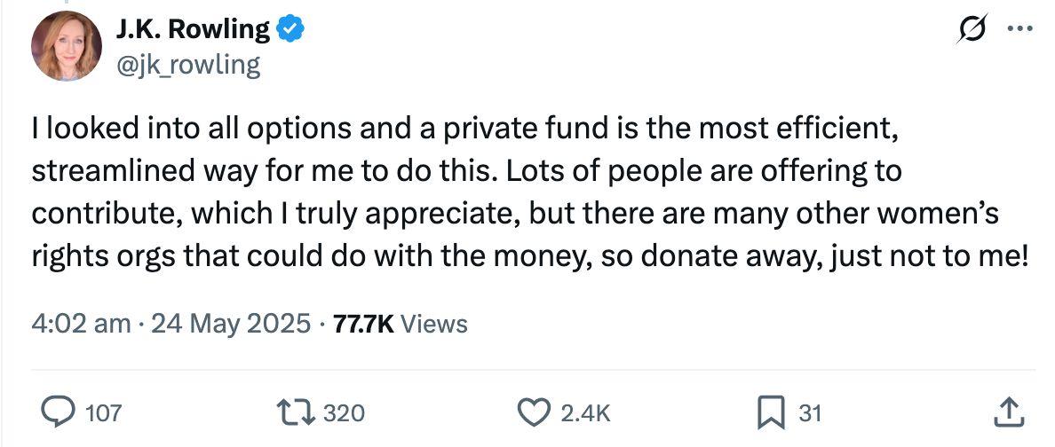 J.K. Rowling tweets about preferring a private fund for donations, urging contributions to other women's rights organizations instead