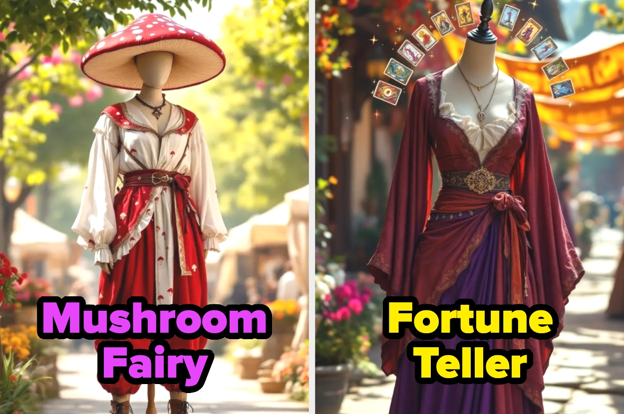 Two mannequins: one in mushroom-themed fairy attire with large hat; the other in fortune teller costume with flowing sleeves and tarot cards