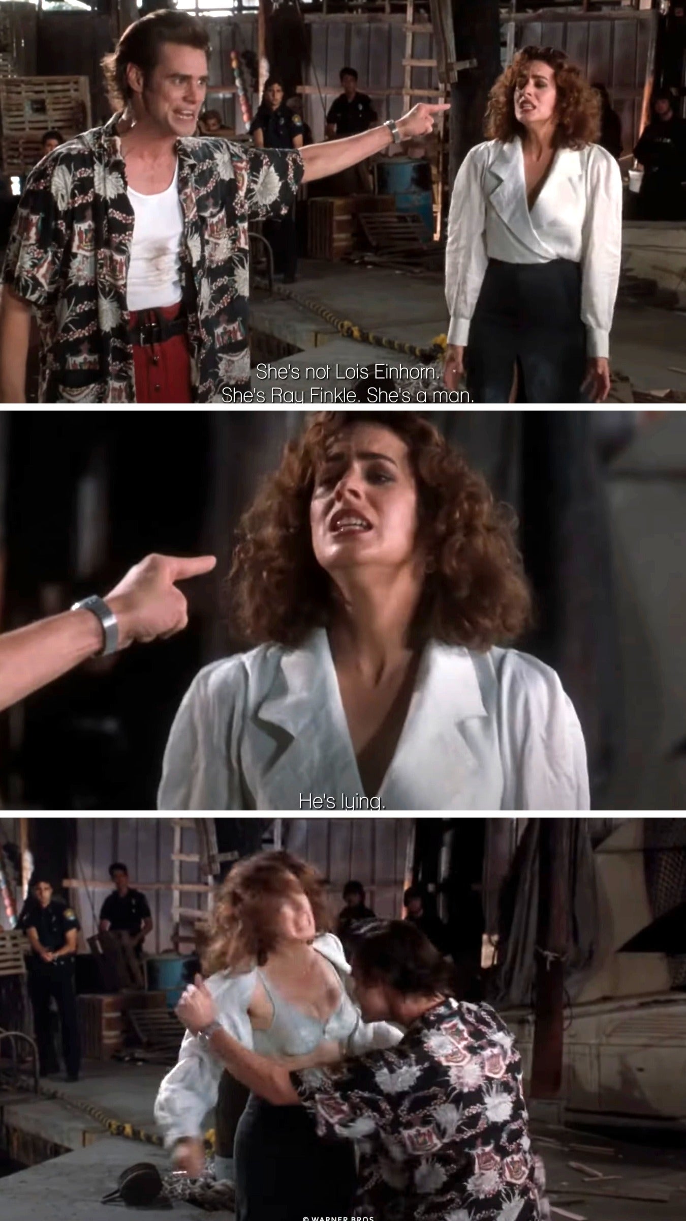 Ace declares that Lois is actually Ray Finkle. She says he's lying, and he rips her shirt open