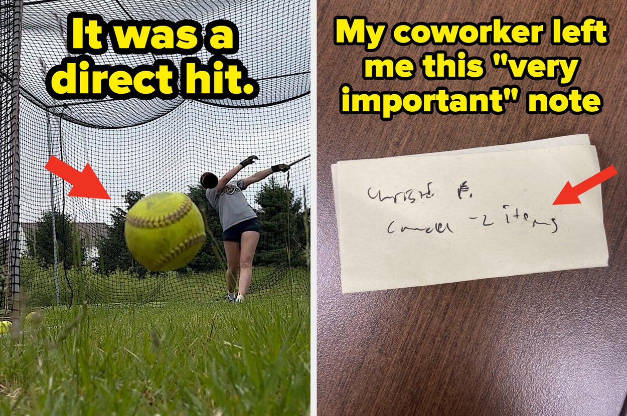 Left: Softball mid-air hitting the net as a player swings. Right: Handwritten note saying "chicken feed covered 2 listings."