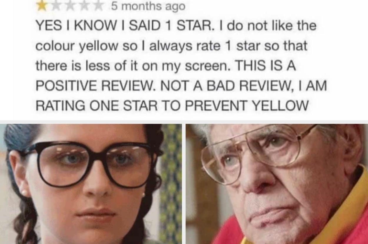 Top: Review explains giving 1 star to prevent yellow due to personal dislike. Bottom: Split image of two people with serious expressions