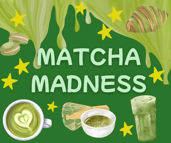 Various matcha items like macarons, croissant, whisk, bowl, latte, and smoothie with "Matcha Madness" text and star decorations