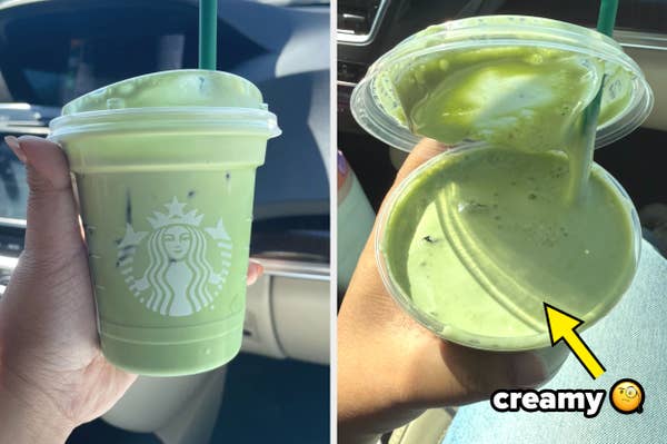 A person holds a Starbucks cup with a creamy, thick matcha drink inside. An arrow highlights the texture, labeled "creamy."