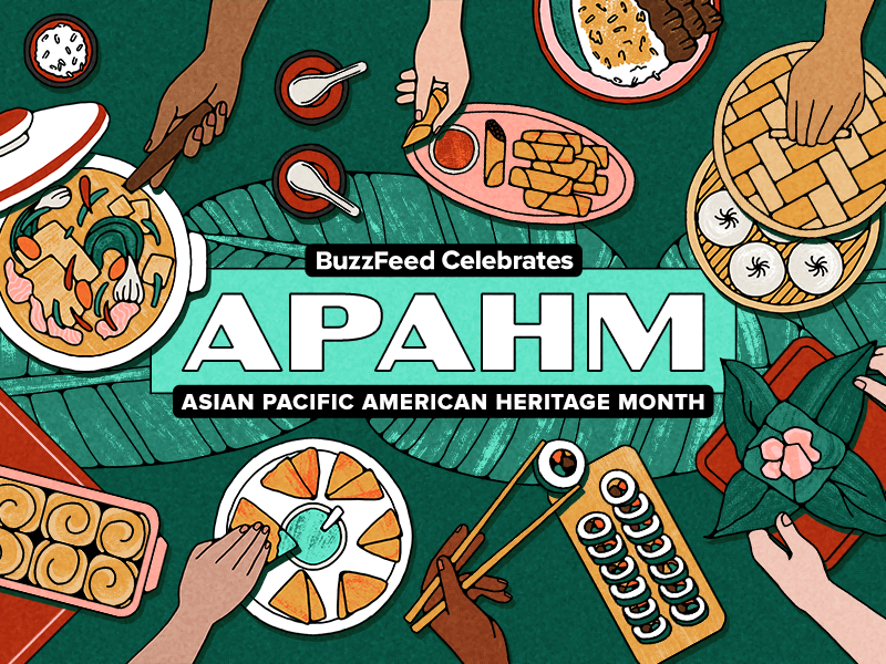 Illustration of diverse hands sharing Asian-Pacific dishes with the text "BuzzFeed Celebrates APAHM: Asian Pacific American Heritage Month."