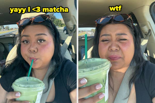 Woman in car tastes iced green drink; first curious, then wincing