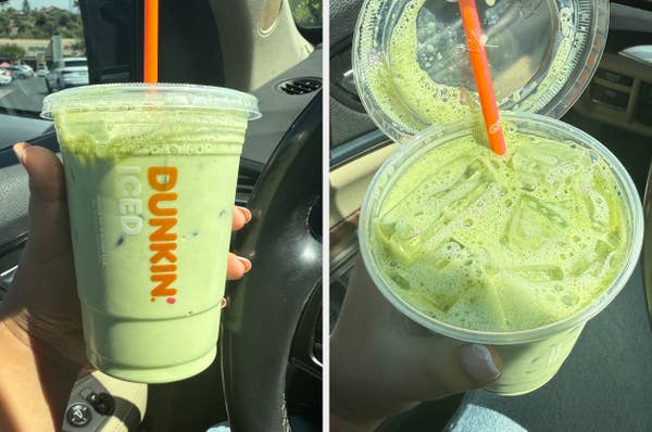Iced matcha latte with visible ice in a Dunkin' cup, photographed inside a car, one image showing the side and the other the top view