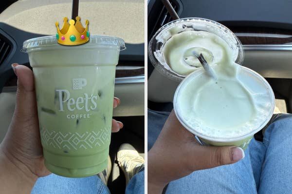 Iced matcha drink from Peet's Coffee in a plastic cup with a whipped cream topping, shown from two angles