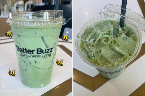 Two images show an iced matcha latte in a clear cup from Better Buzz Coffee Roasters, decorated with small cartoon bees