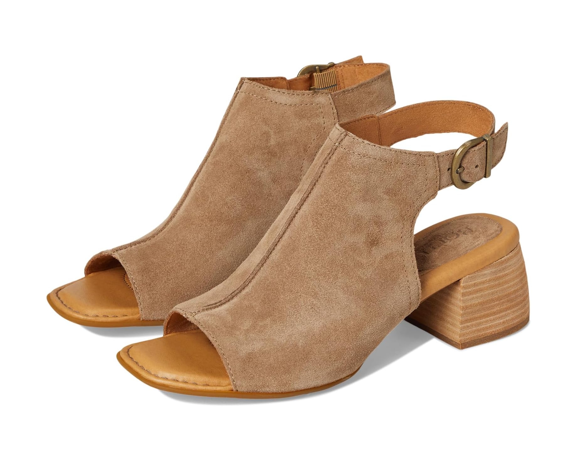 Open-toe suede ankle boots with a chunky mid-heel and a side buckle