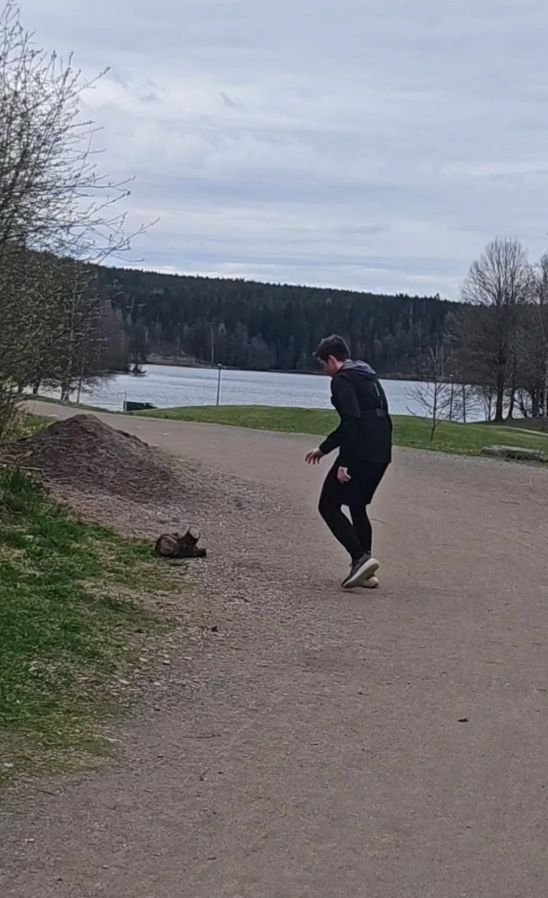 Person jogging along a lakeside path, pausing to observe a small animal on the ground. Trees and water visible in the background