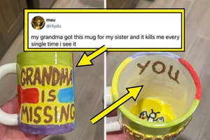 A mug says "Grandma is Missing" outside and "You" inside, shared with a tweet about its humorous impact