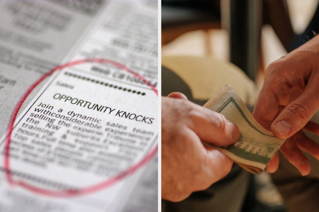 Job listing circled in a newspaper; hands exchanging a stack of money, suggesting a job opportunity or financial transaction