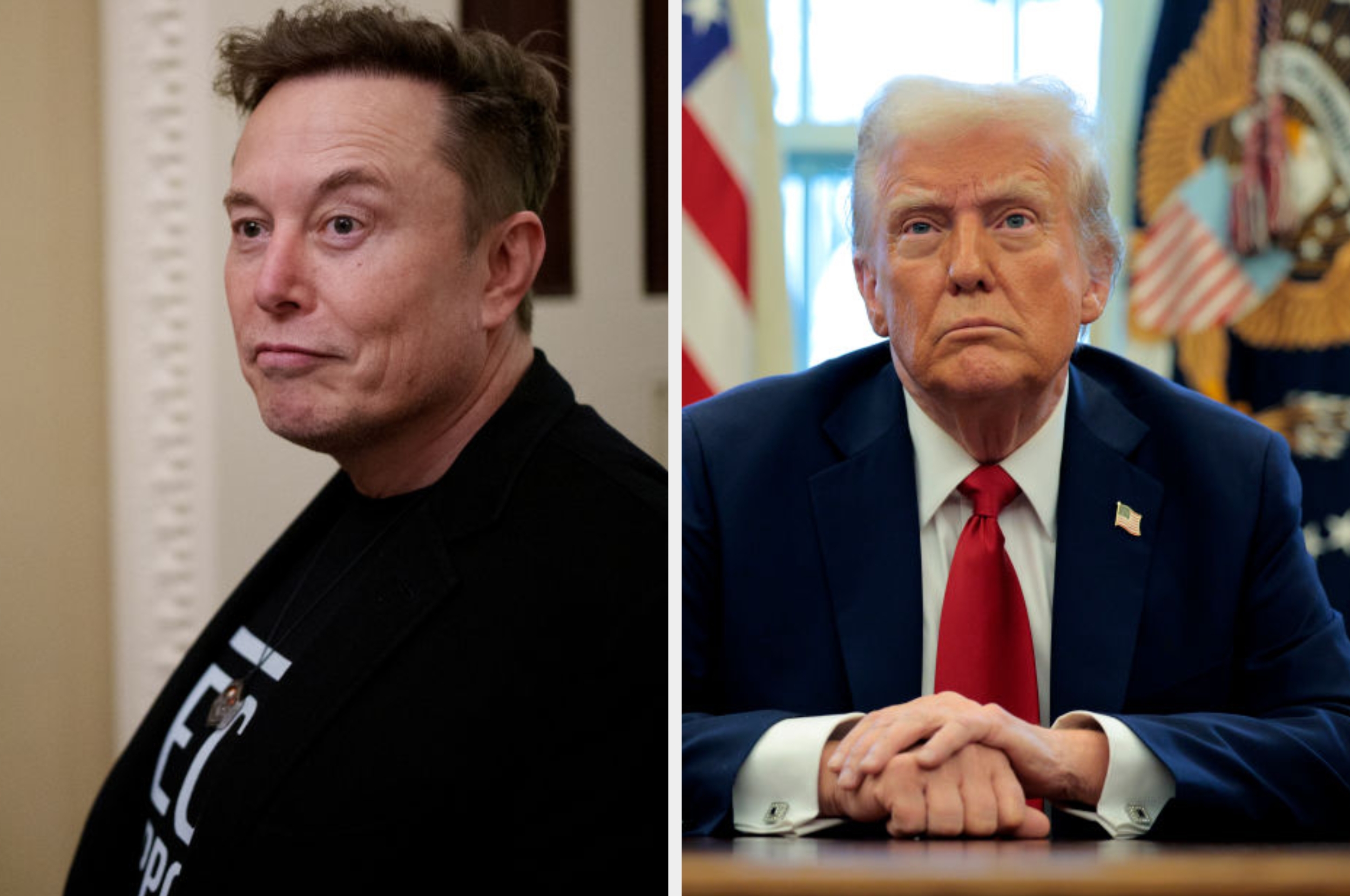 Two men in separate settings: one in a casual black suit, the other in a formal navy suit. They are in indoor environments