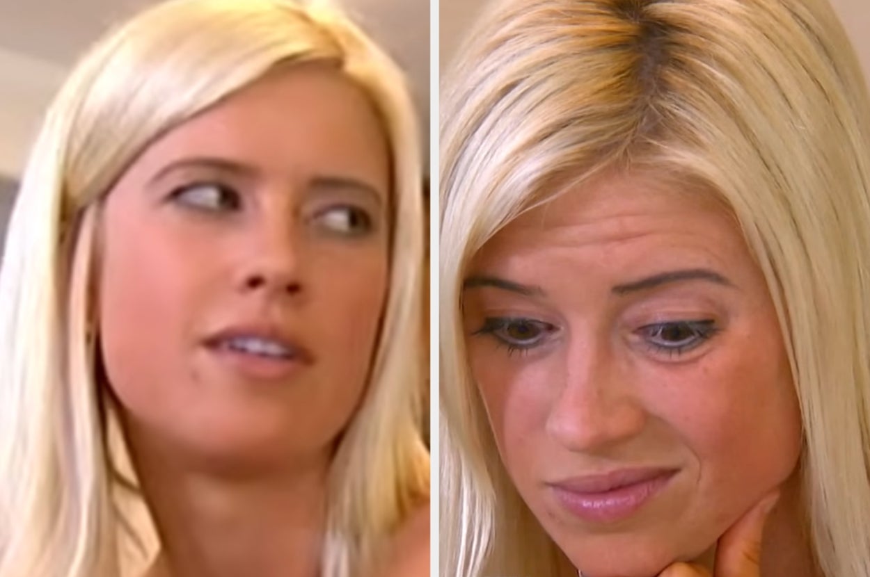Two images of a person with long, straight blonde hair, looking to the side in the left image, and with a contemplative expression in the right image