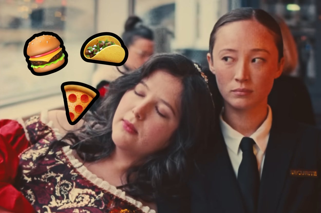 Lucy Dacus with her head on a woman's shoulder. Food emojis appear above them