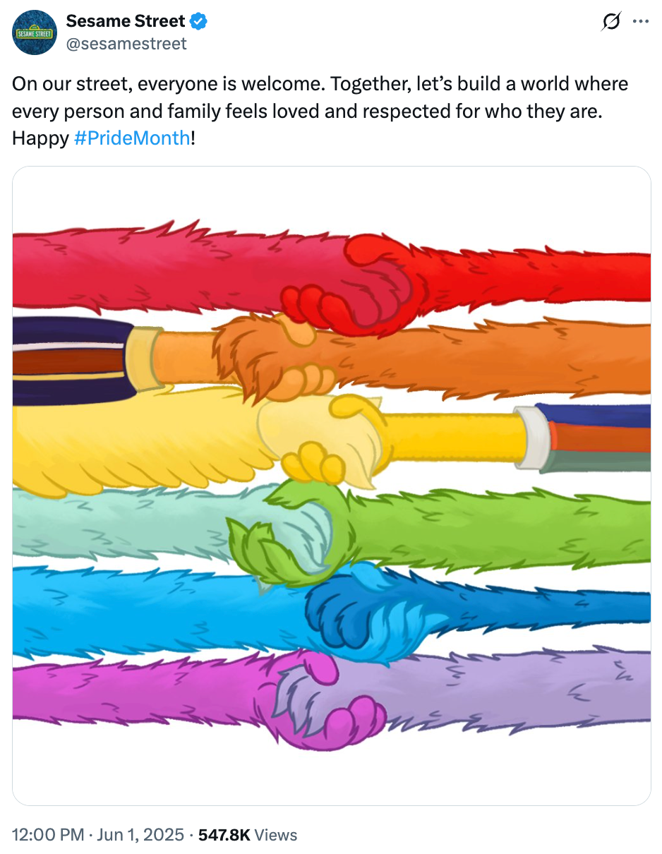 Illustration of colorful Muppet arms forming a beardown bond. Tweet astir inclusivity and respect celebrating Pride Month
