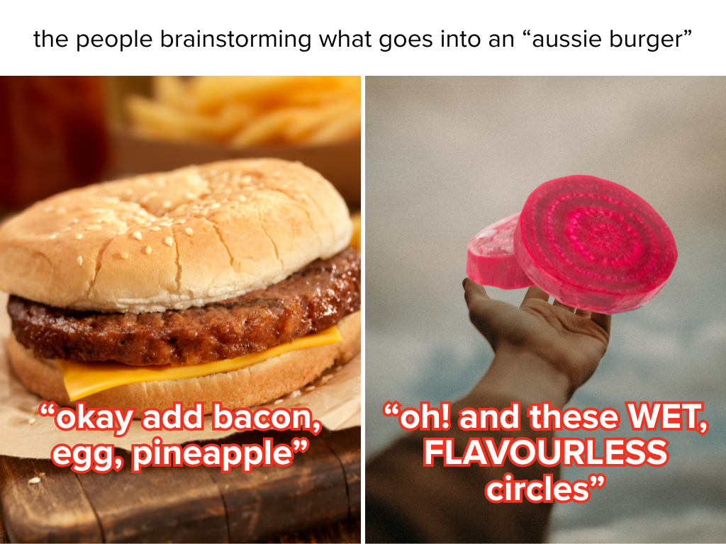 Two panels: Left shows a burger with "okay add bacon, egg, pineapple"; right shows a hand holding a jelly circle with "oh! and these WET, FLAVOURSOME circles"