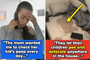 A stressed person on a phone call, and a messy bed with a stain, both highlighting challenges of unusual work tasks
