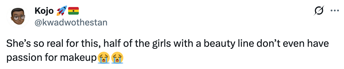 Tweet by Kojo expressing admiration for someone&#x27;s genuine passion for makeup compared to others in the beauty industry