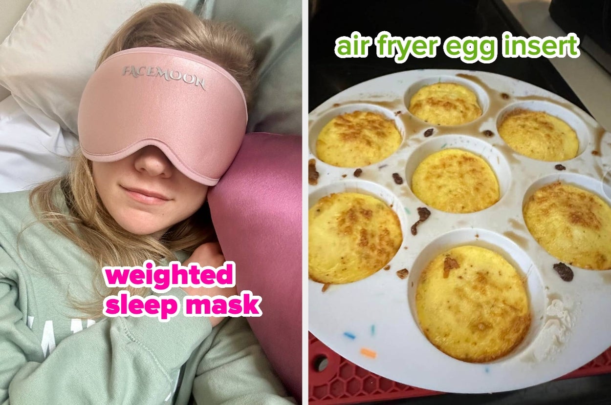 Person wearing a weighted sleep mask next to a cooked air fryer egg insert with text labeling each item
