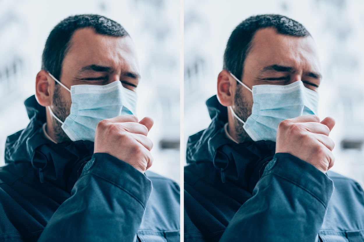 Man in a mask coughing into his hand in an outdoor setting, illustrating health precautions