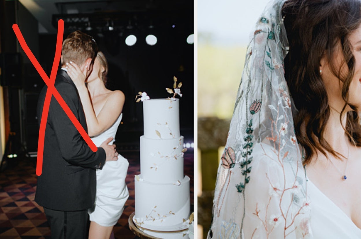 Two photos: Left shows a couple kissing with a red "X" over them near a cake. Right shows a woman smiling in an embroidered veil