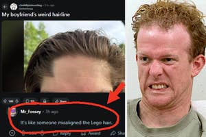 Social media post humorously compares a man's unusual hairline to misaligned Lego hair, highlighting an amusing resemblance