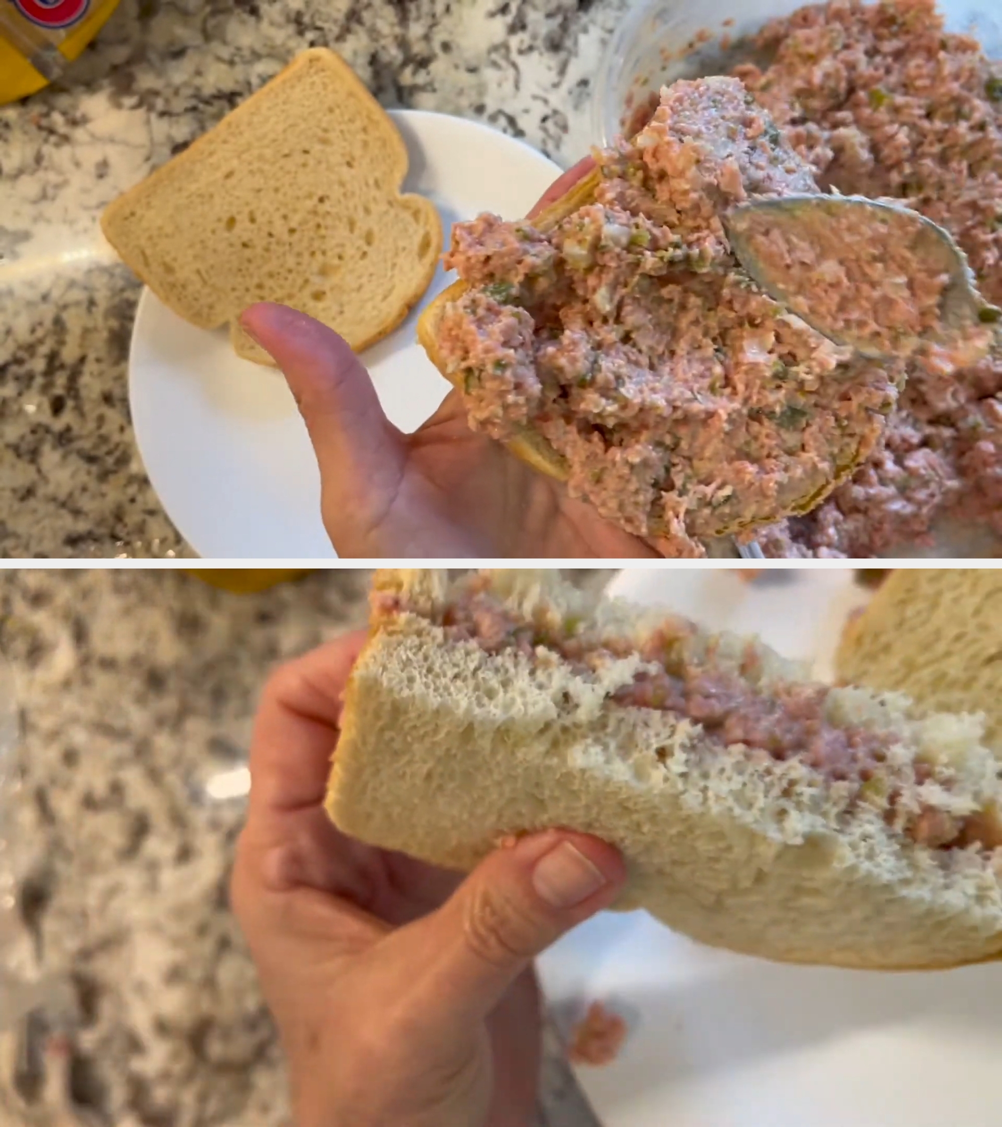 A hand holds a sandwich with a filling that appears to be a mix of chopped ingredients, next to a slice of bread on a plate