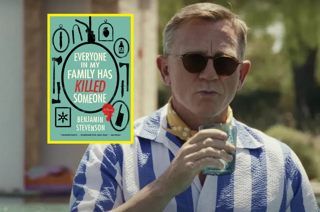 A man wearing sunglasses and patterned shirt drinks from a glass beside a book cover, "Everyone in My Family Has Killed Someone" by Benjamin Stevenson