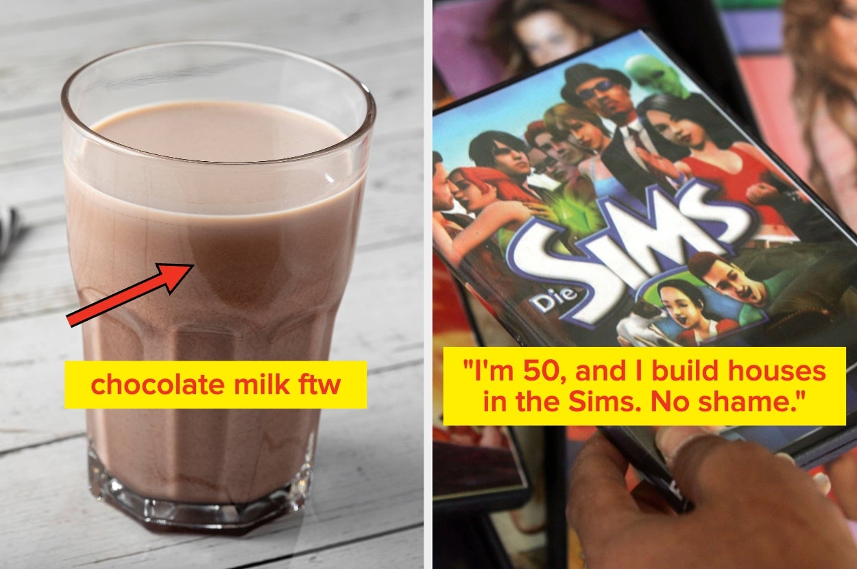 A glass of chocolate milk with the caption "chocolate milk ftw" and a hand holding "The Sims" game with the caption "I'm 50, and I build houses in the Sims. No shame."