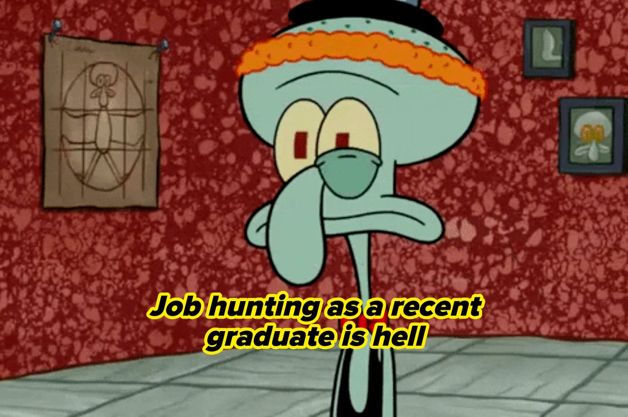 Split image: Left side shows a surprised puppet; right side shows a student in a graduation cap. Text reads, "Someone could've prepared me for this job market..."