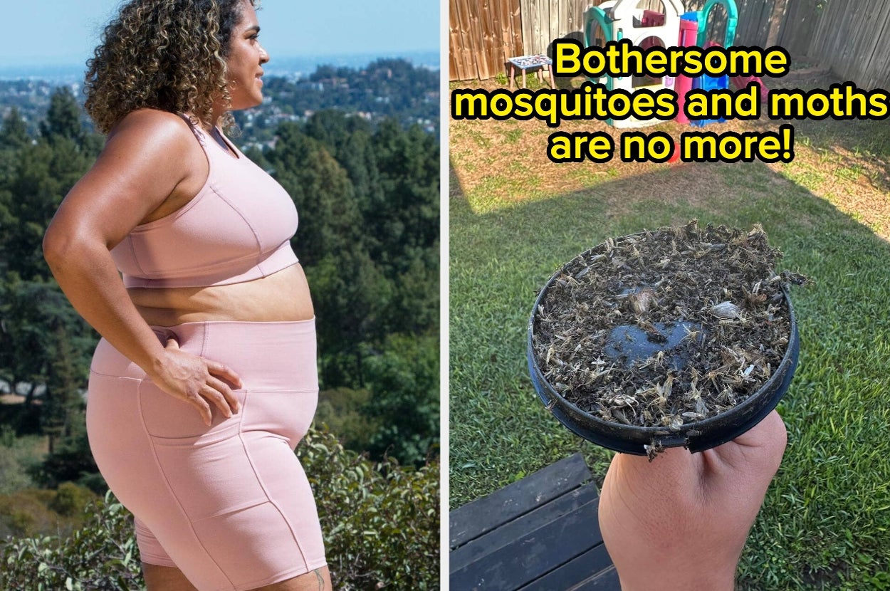 Person in activewear outdoors; hand holding the base of a bug zapper covered with dead insects; text reads, "Bothersome mosquitoes and moths are no more"