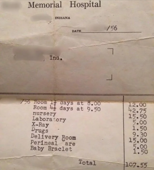 Old hospital bill listing days in rooms, nursery, lab, X-ray, drugs, delivery, perineal care, and baby bracelet charges totaling $107.55