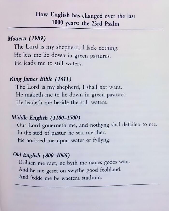 The image shows four versions of the 23rd Psalm across time: Modern (1989), King James Bible (1611), Middle English (1100–1500), and Old English (800–1066)
