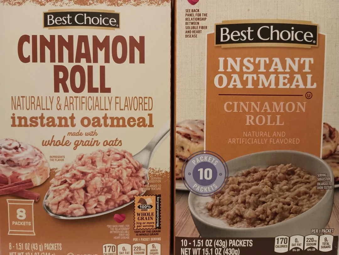 Two boxes of Best Choice instant oatmeal: one with 10 packets and one with 8