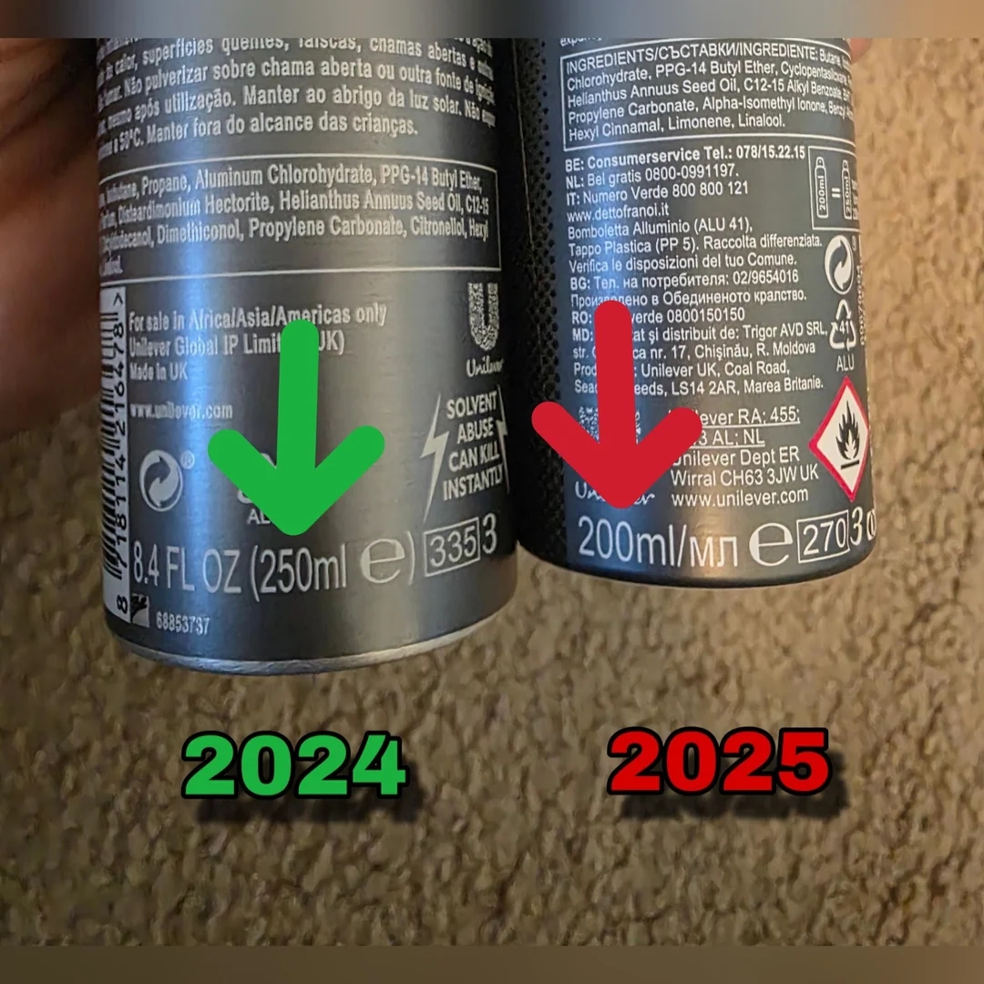 Comparison of two spray cans showing size change from 250ml in 2024 to 200ml in 2025