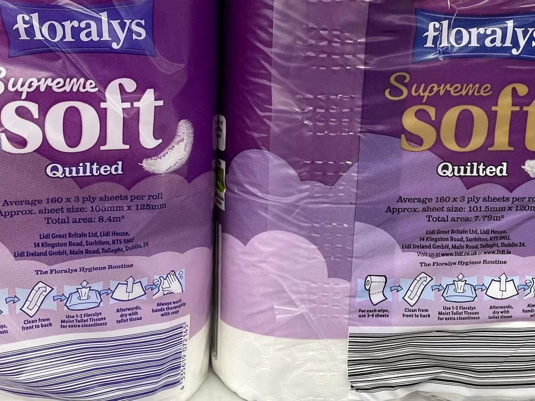 Two packs of Floraly&#x27;s Supreme Quilted Soft toilet paper, each showing texture details and packaging information